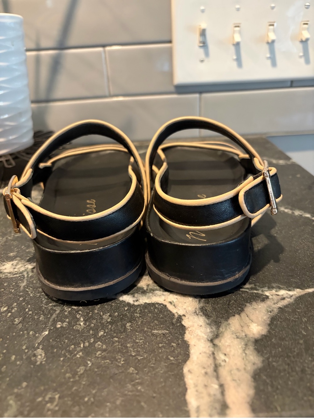 Matisse Black Leather Sandals with Cream Trim - Picture 5 of 6